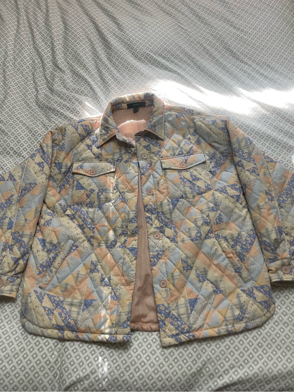 Forever 21 Quilted Pastel Patchwork Puffer Jacket - Light Blue, Peach, Cream